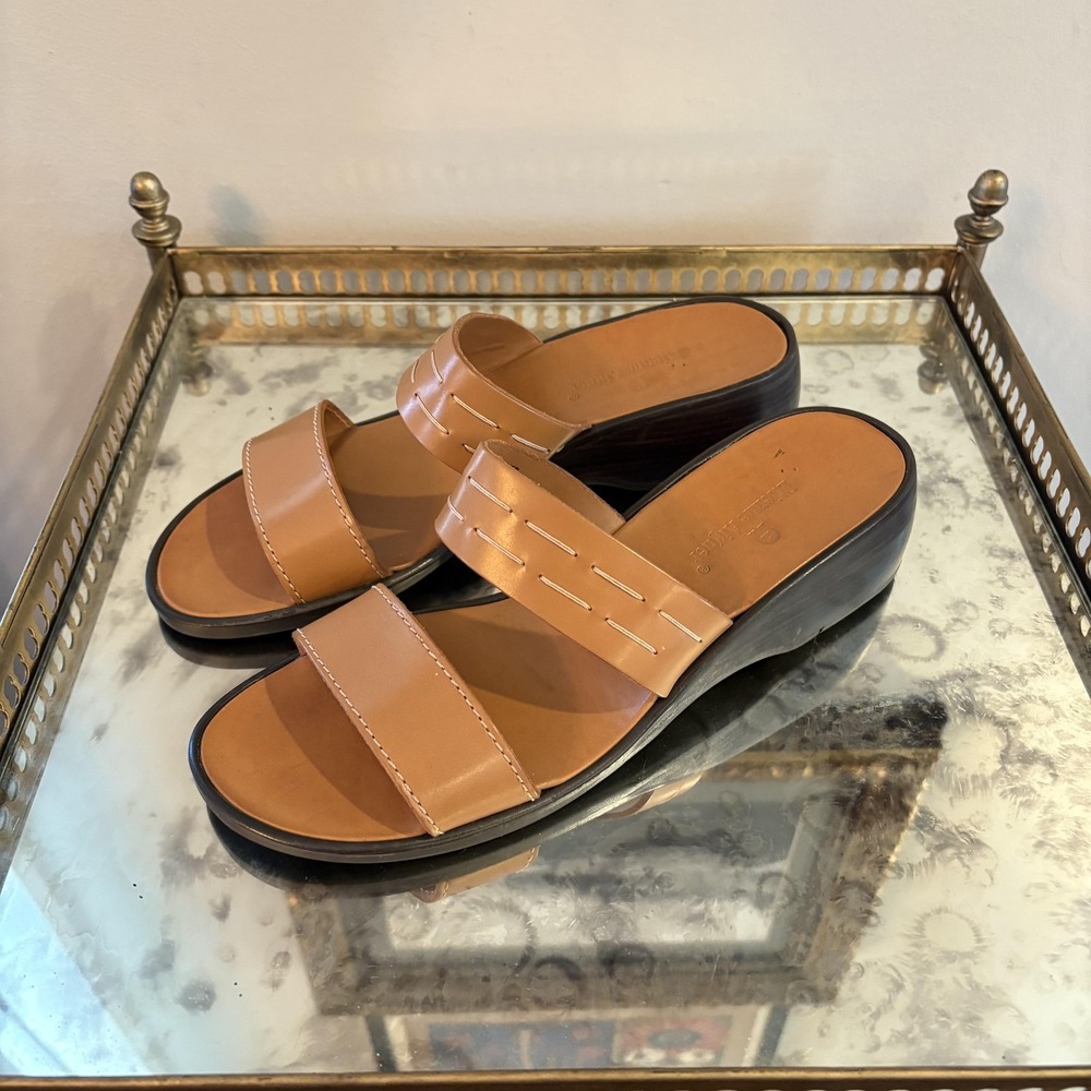 Etienne Aigner Shoes Womens Size 8.5 Tan Sunburst Leather Sandals Wedge‎ Slide